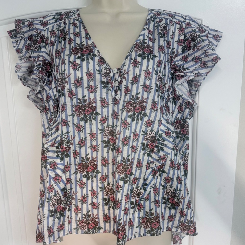 Veronica Beard Floral Stripe Flutter Sleeve V-Neck Cotton Top Blue Pink Size 14